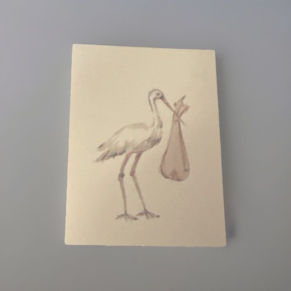 Vintage Oddballs Watercolor Ecru Notecards - Pink Stork - Baby Girl - 10 Pk